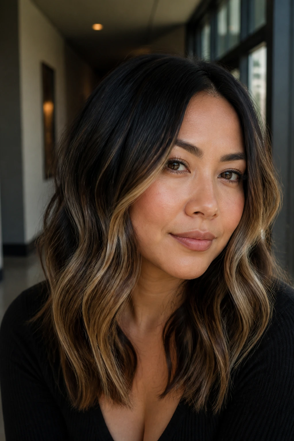 Close-up of a real woman with espresso black hair and sandy blonde balayage