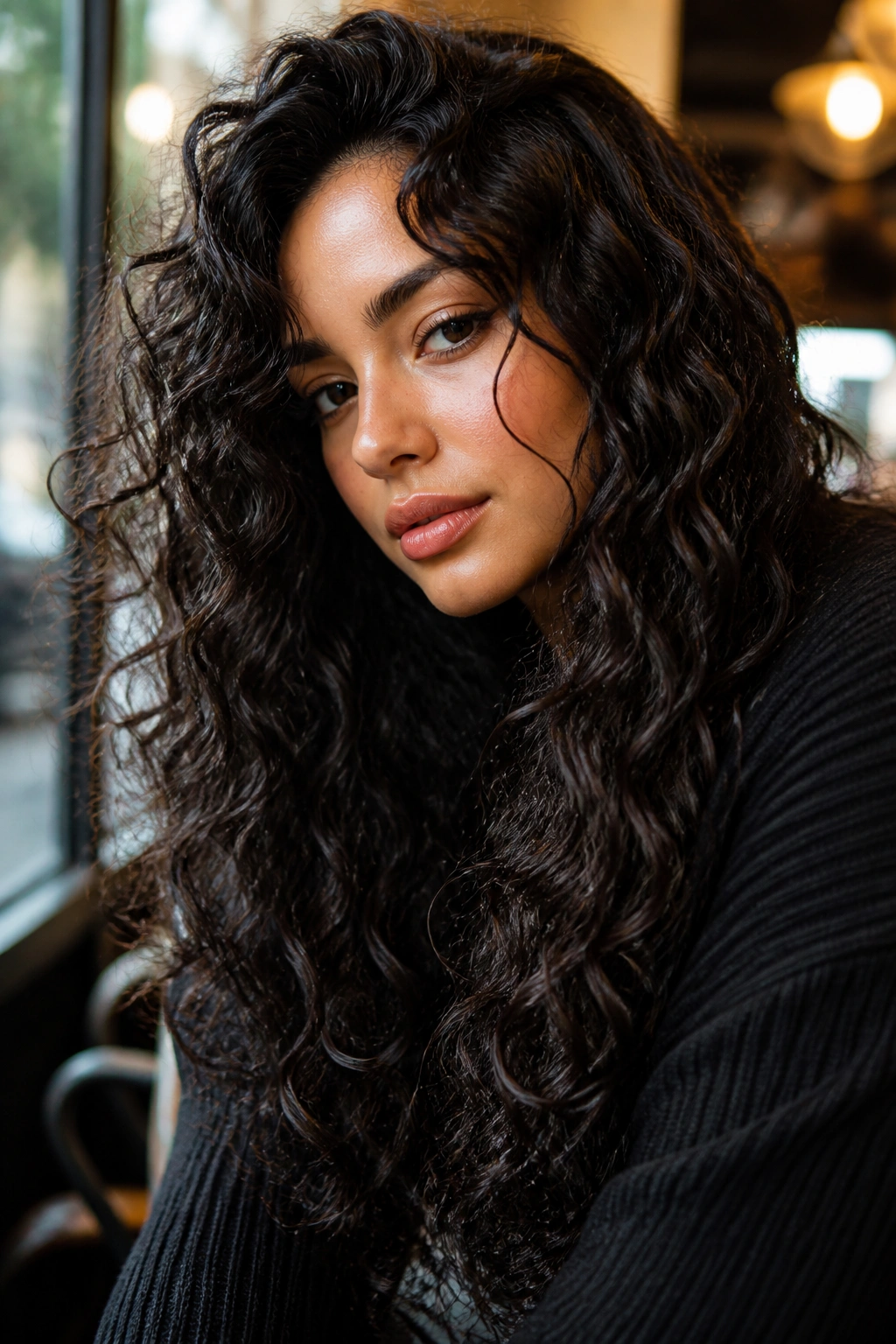 Close-up of real person with espresso-black hair and shine