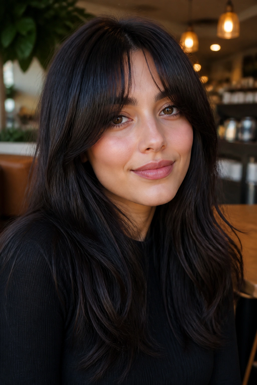 Woman with espresso black hair and curtain bangs framing her face.