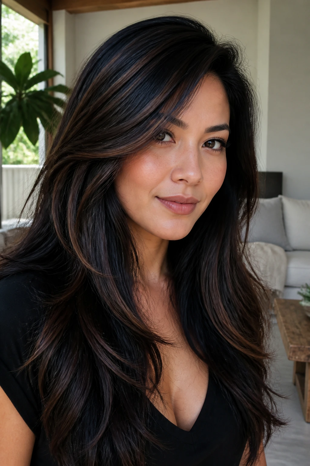 Close-up of thick hair with espresso and black dimension and side part