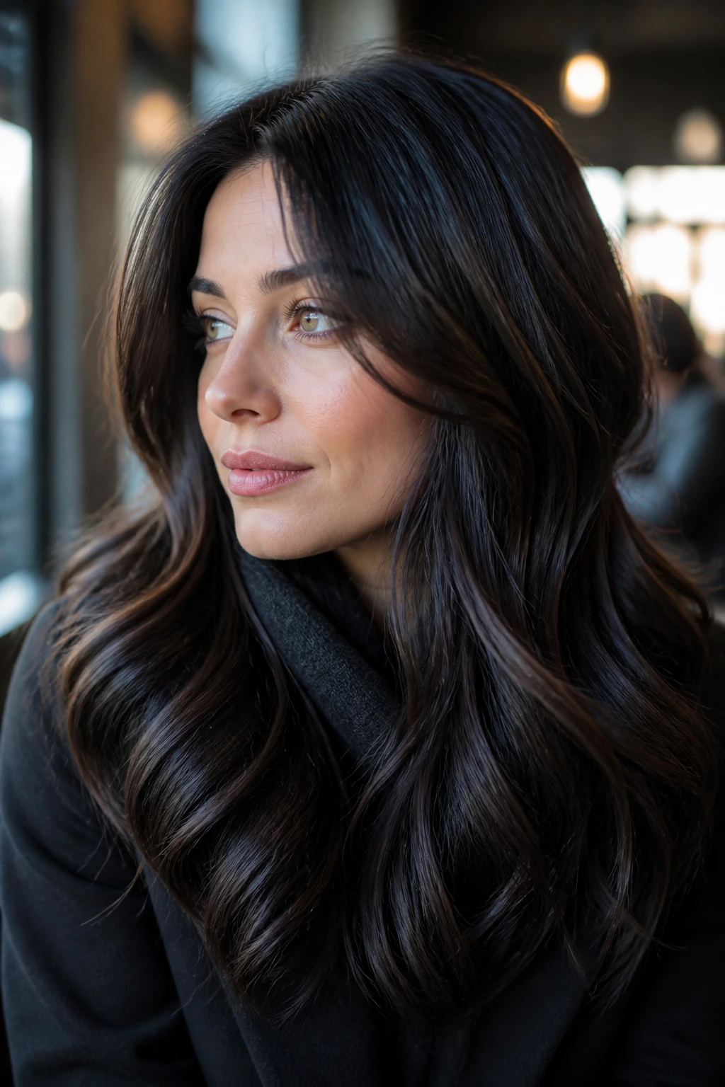 Close-up portrait of a real person with espresso brown hair featuring blue-black depth and cool shine