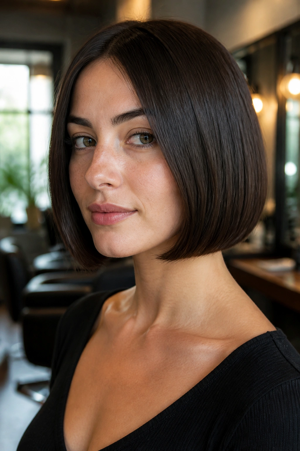 Close-up of a real woman with a chin-length blunt espresso brunette bob in a salon.