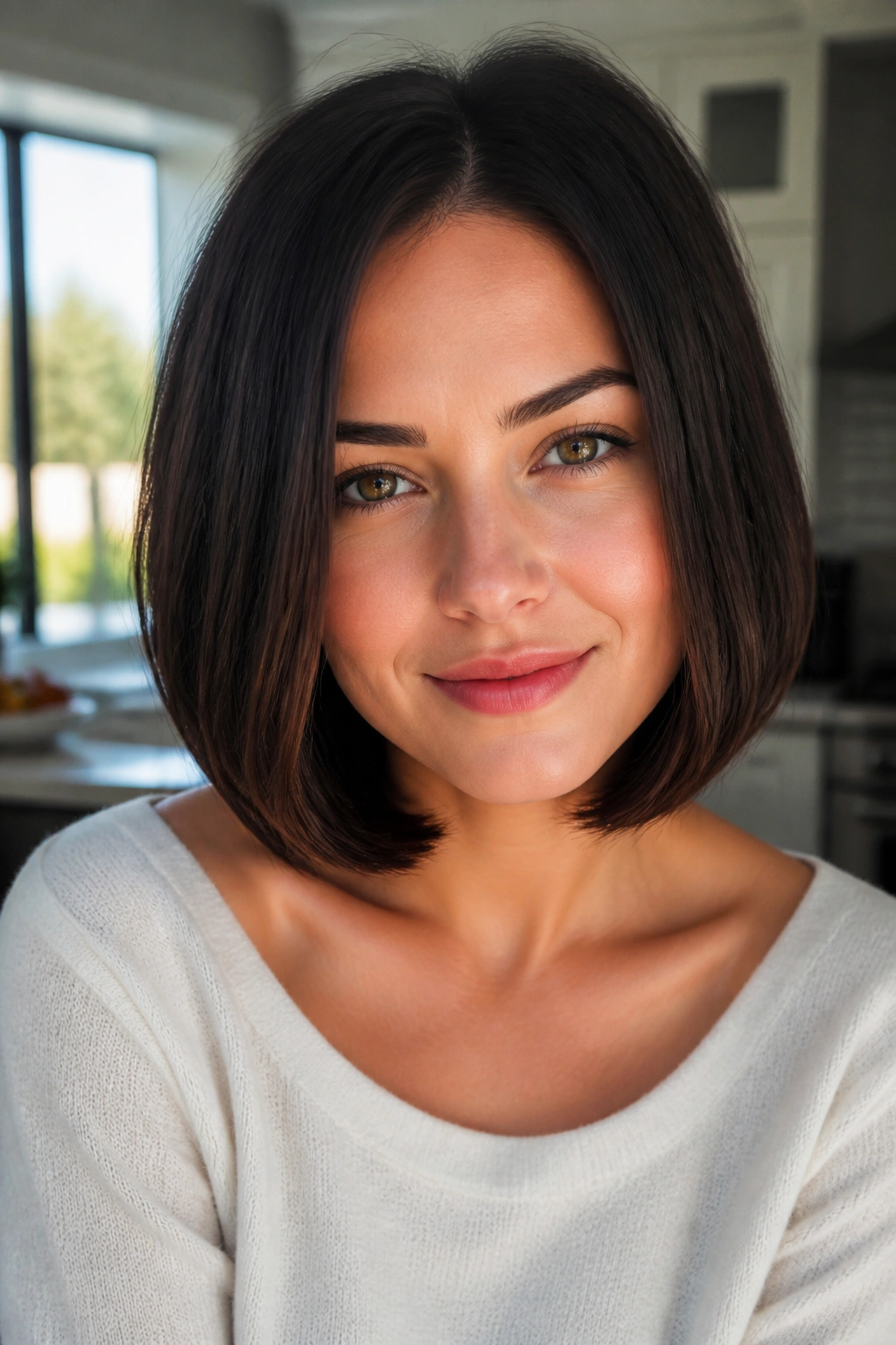 Portrait of a real woman with espresso bob and beveled tips under bright kitchen light.