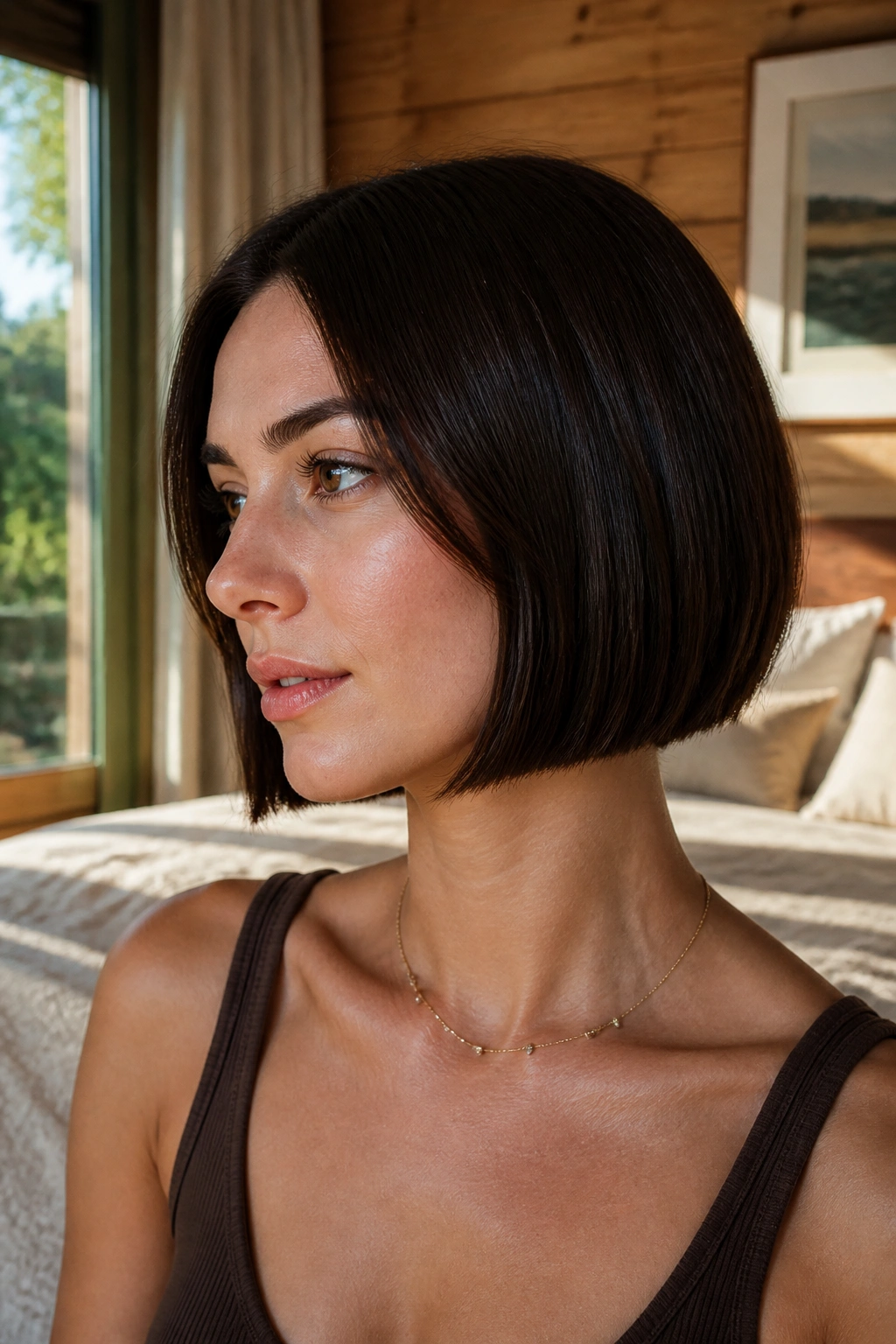 Close-up of a real woman with a chin-length espresso-brown blunt bob in a sunlit bedroom