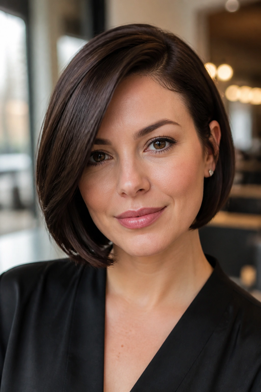 Close-up of a real woman with a chin-length espresso bob and deep side part in warm salon lighting
