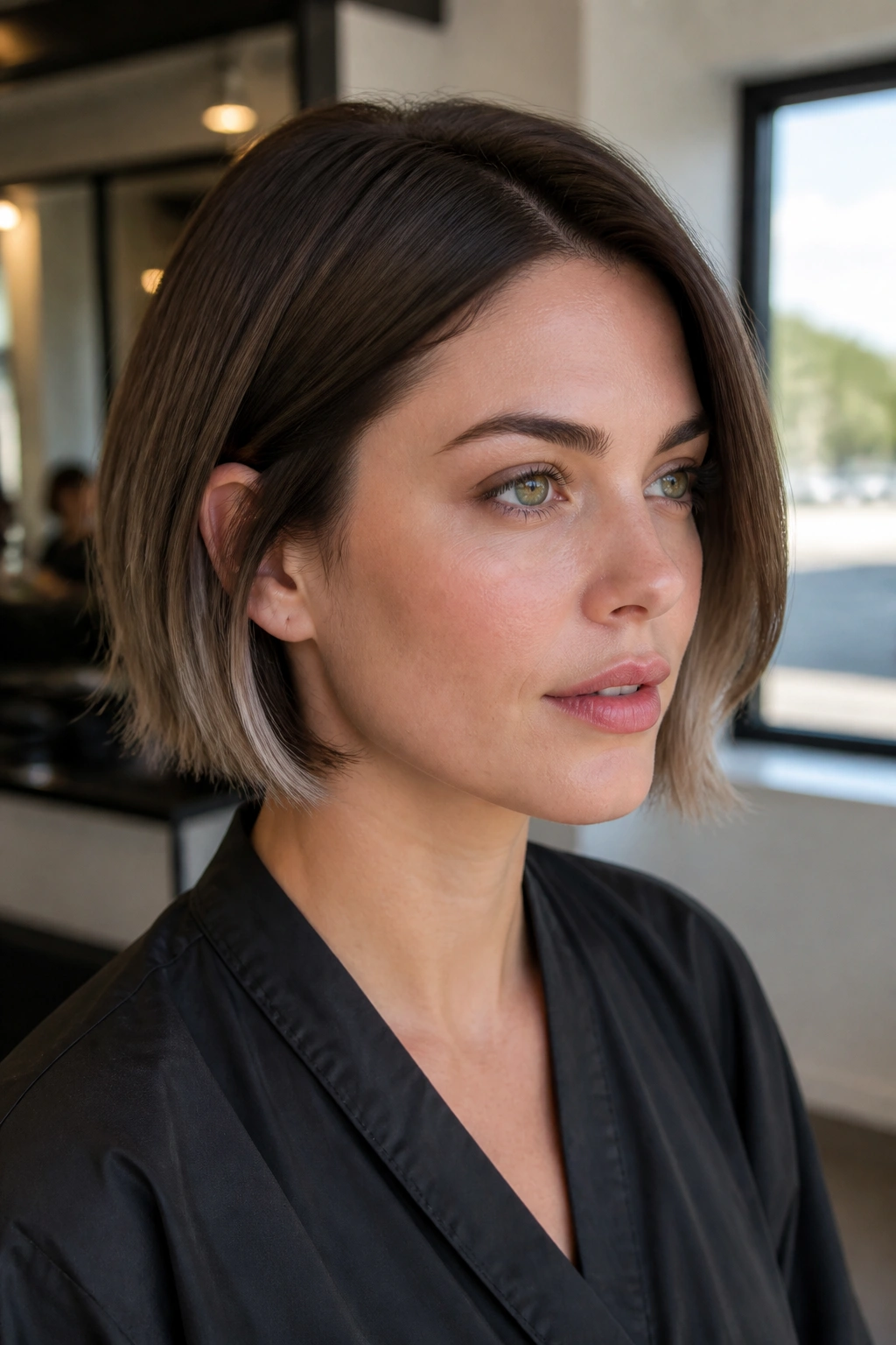 Portrait of a woman with an espresso bob and foggy beige ends in a softly lit salon
