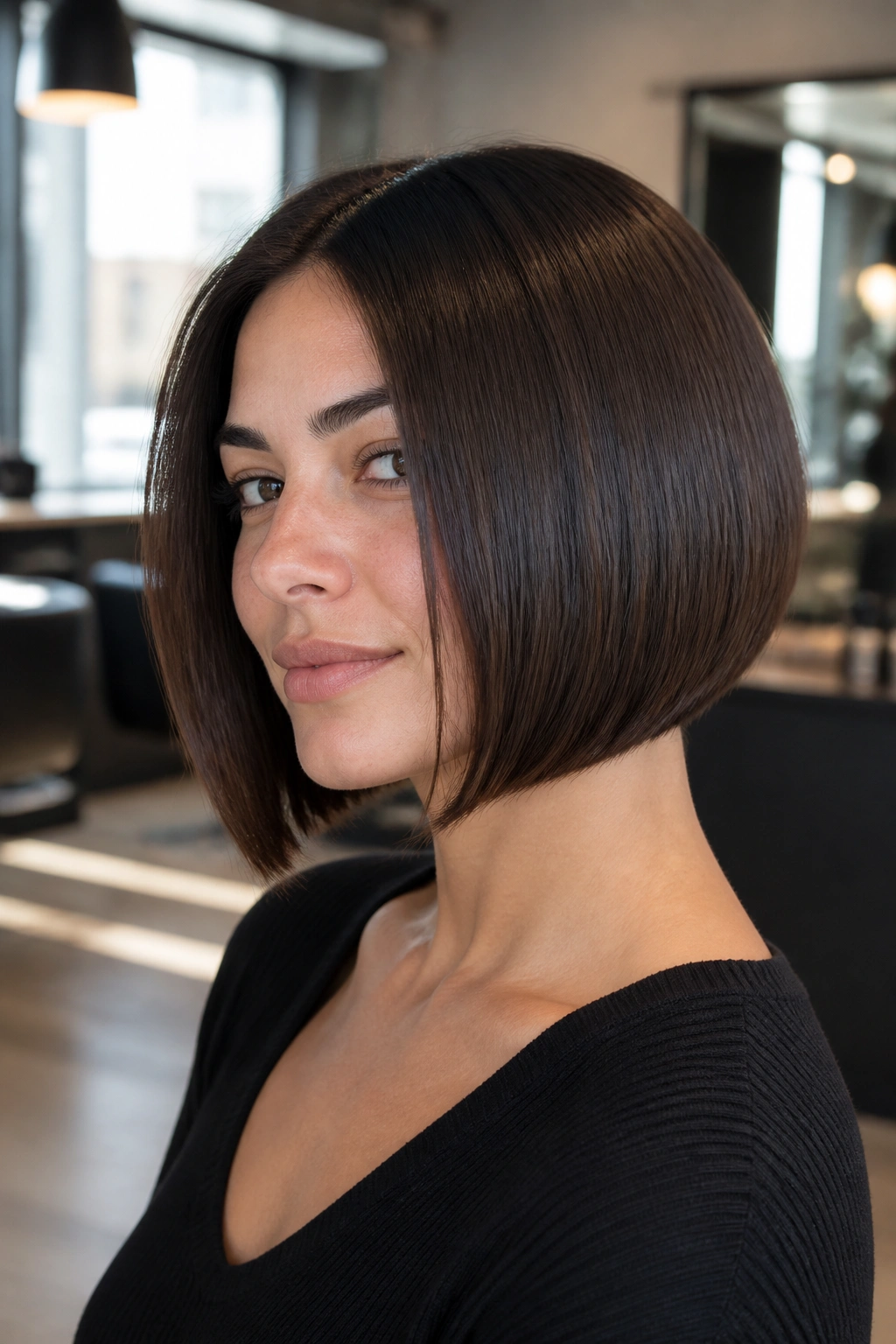 Close-up of a real person with sleek espresso bob and micro-stack in a modern salon