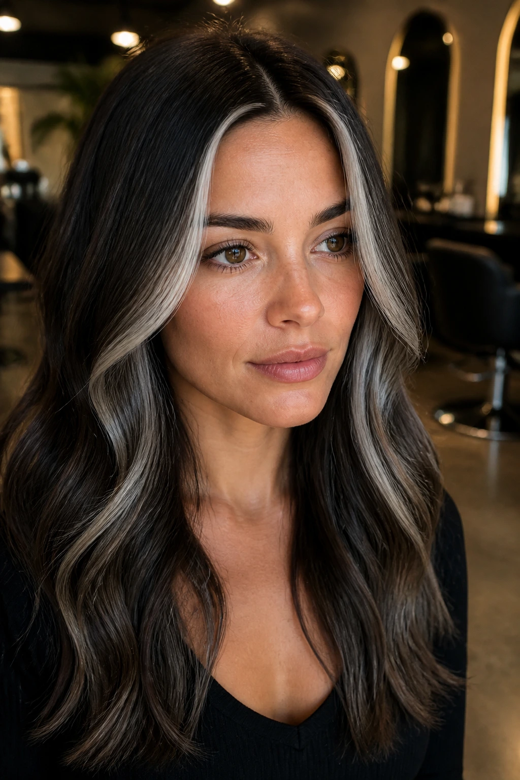 Close-up portrait of a real woman with Espresso Bronde and a silver face frame.