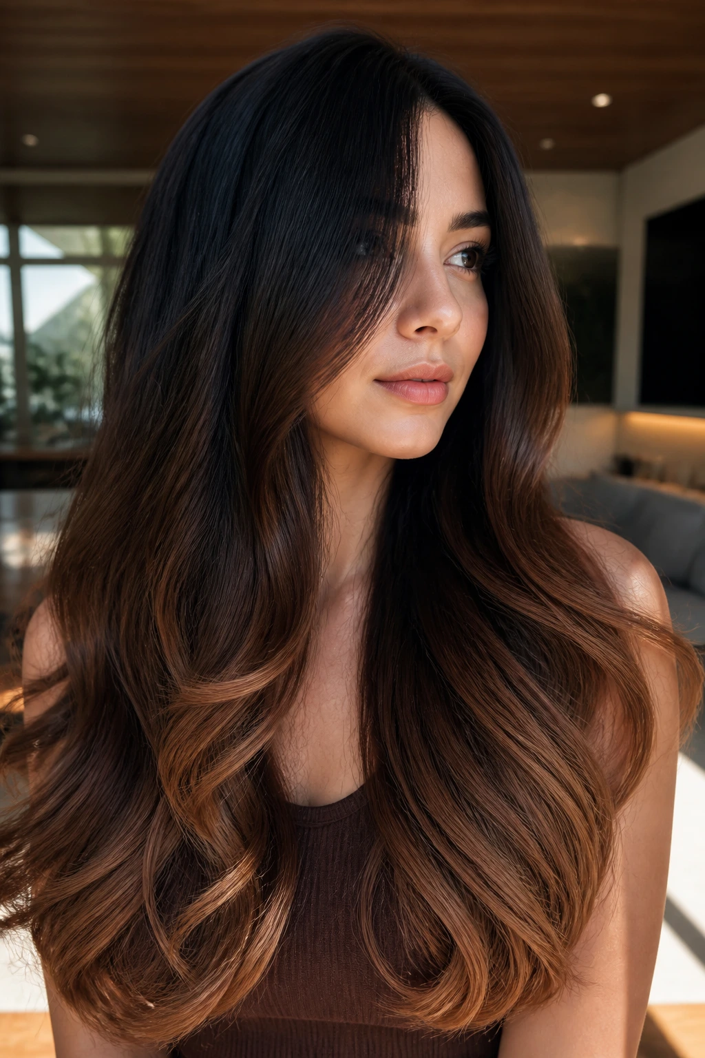 Close-up of a real woman's long hair in black-to-espresso bronze ombre with bronze melt at ends.