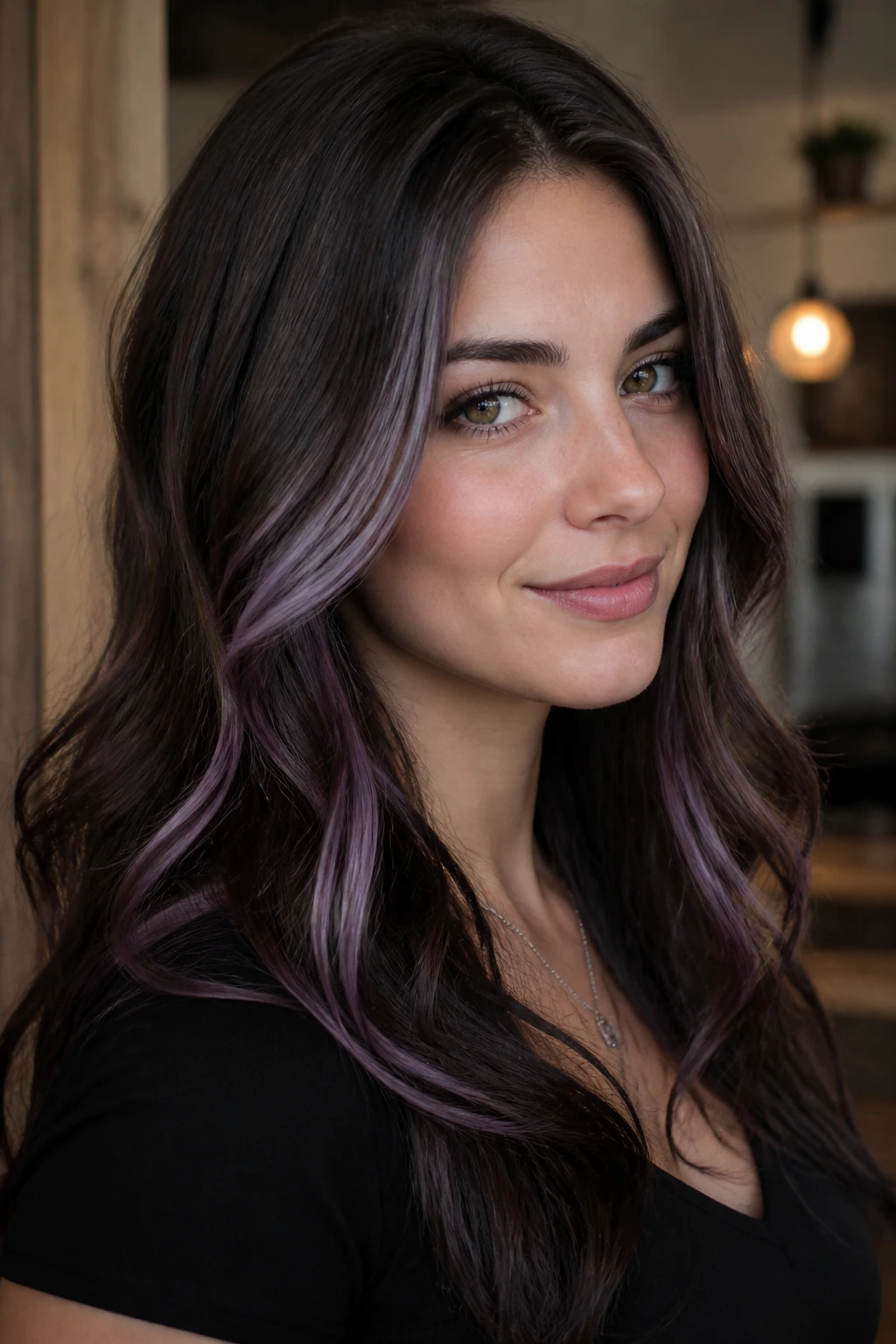 Close-up of a real woman with espresso brown and smoky amethyst panels