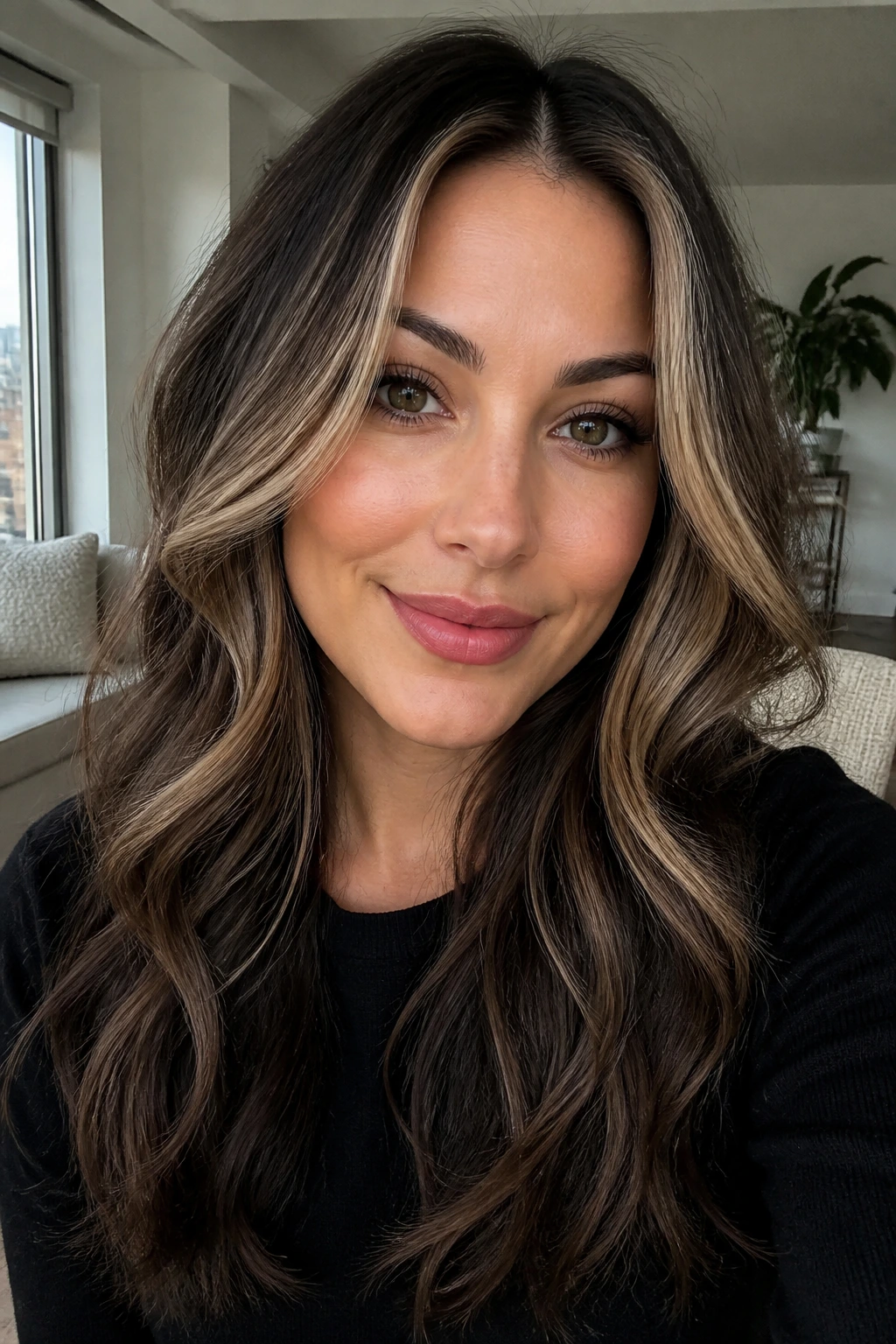 Portrait of a woman with espresso brown hair and ash blonde face-framing