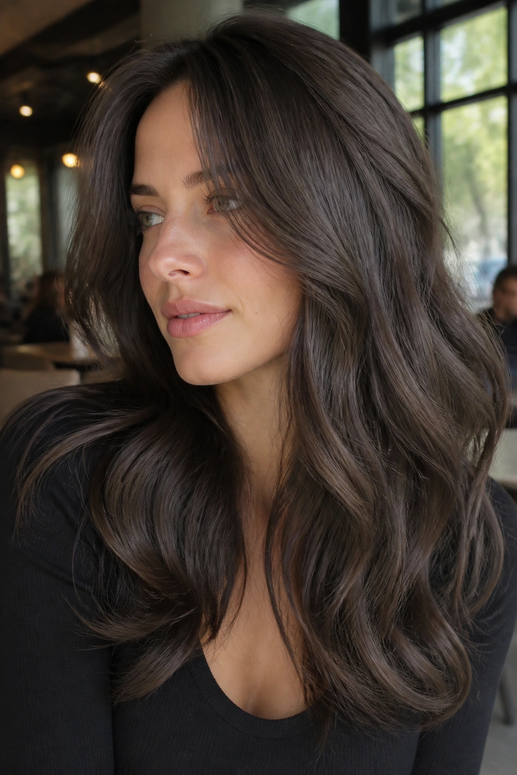 Close-up of a real woman with espresso brown hair and a soft ash glaze, glossy finish.