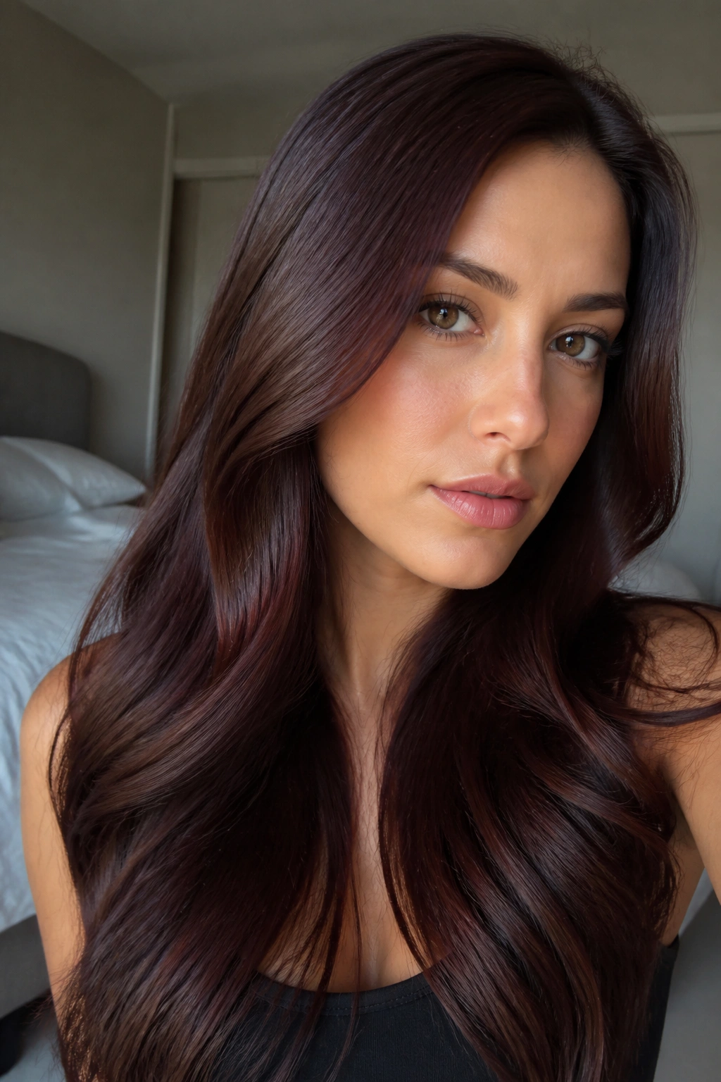 Close-up of a woman with espresso brown auburn glaze hair on cool skin tones