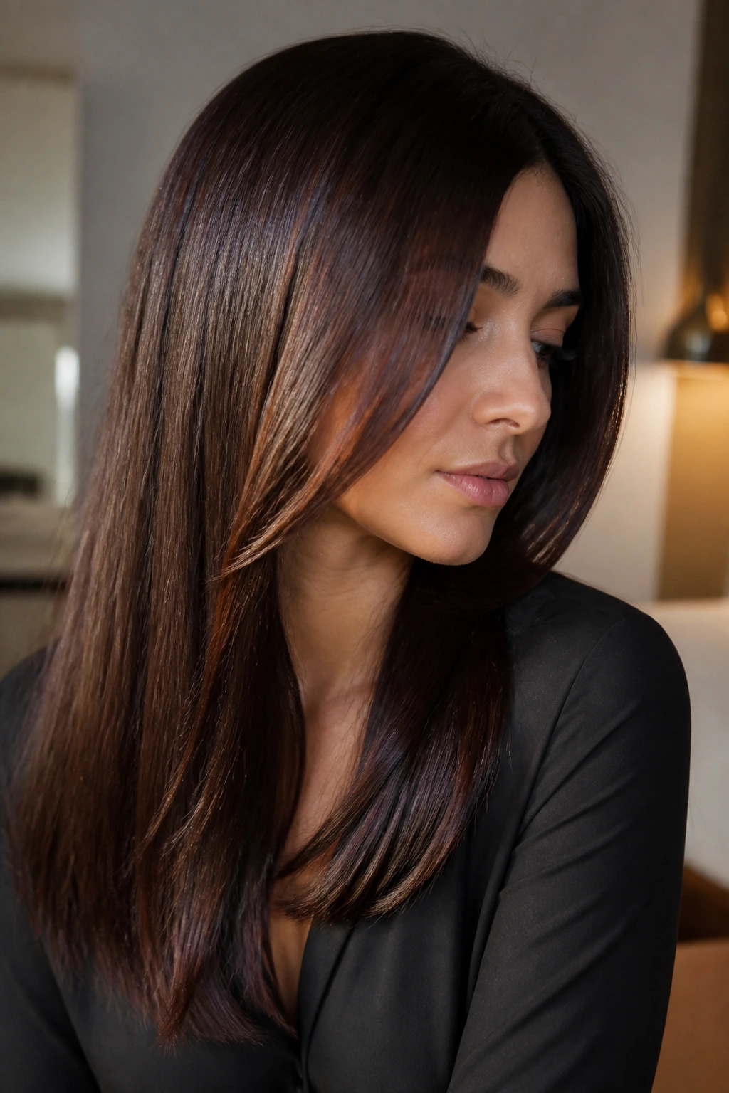 Real woman with espresso brown hair showing a subtle auburn sheen.