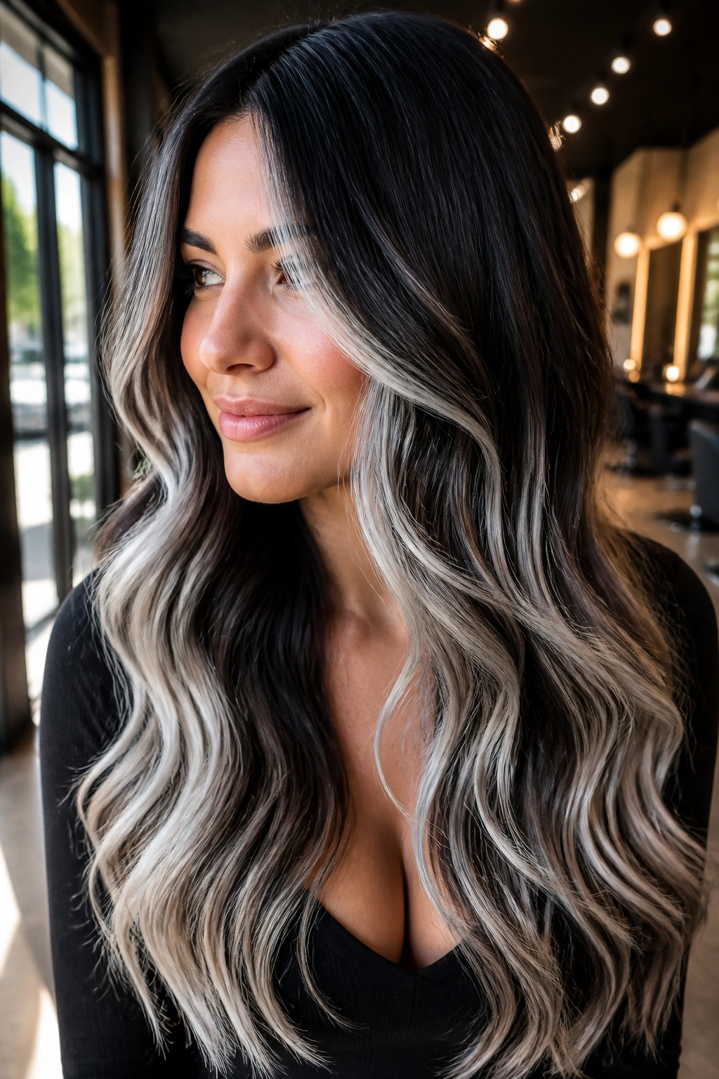 Close-up of a real woman with espresso brown hair and white balayage highlights in loose waves