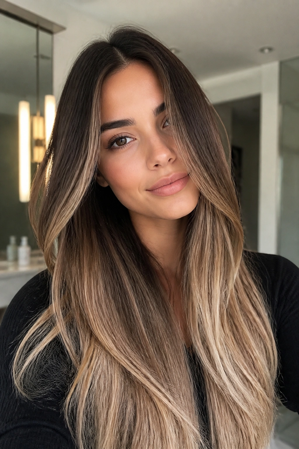 Close-up of espresso brown to beige blonde ombre on long hair with a clean background