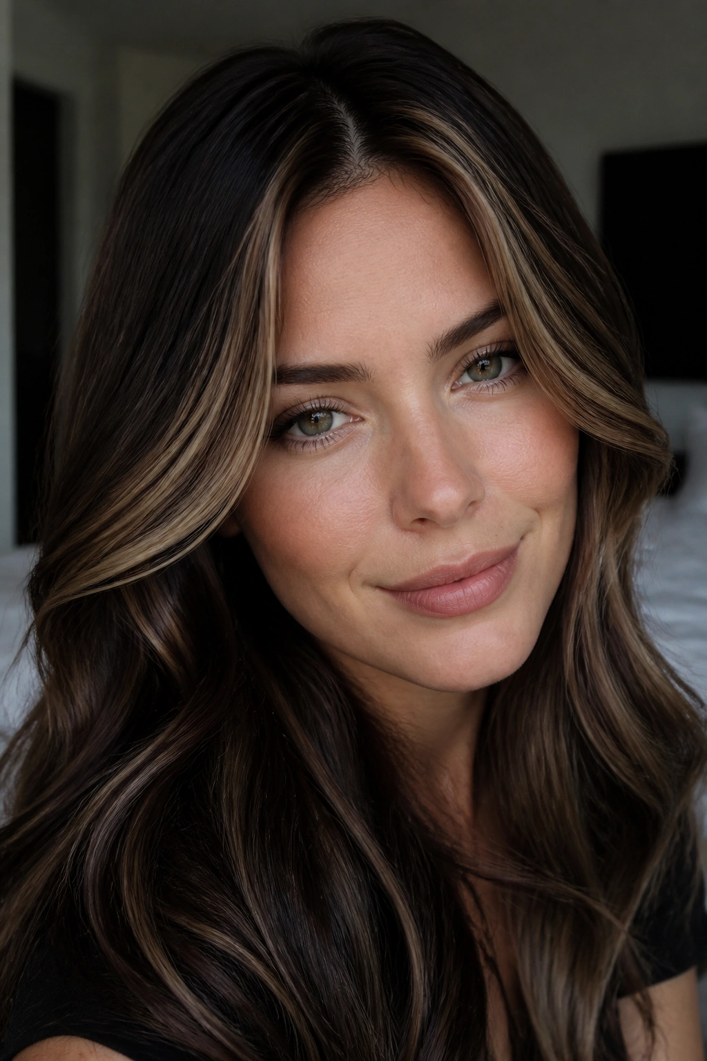 Close-up of a real woman with espresso brown hair and beige caramel ribbons framing the face.