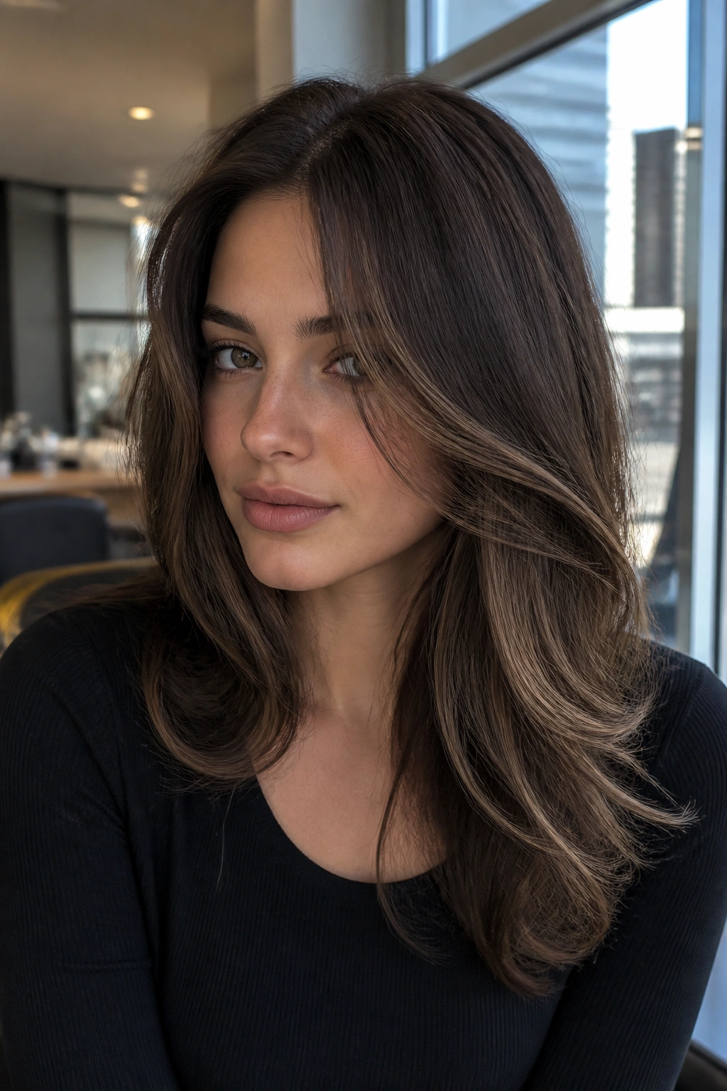 Close-up portrait of a woman with espresso brown hair and beige veil highlights in soft window light