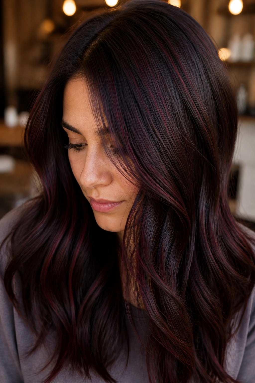 Close-up of a real woman with espresso brown hair accented by fine burgundy ribbons woven through the top layer