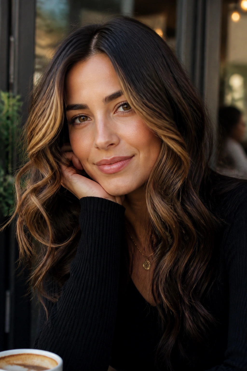 Espresso brown hair with caramel face frame framing a real person's face