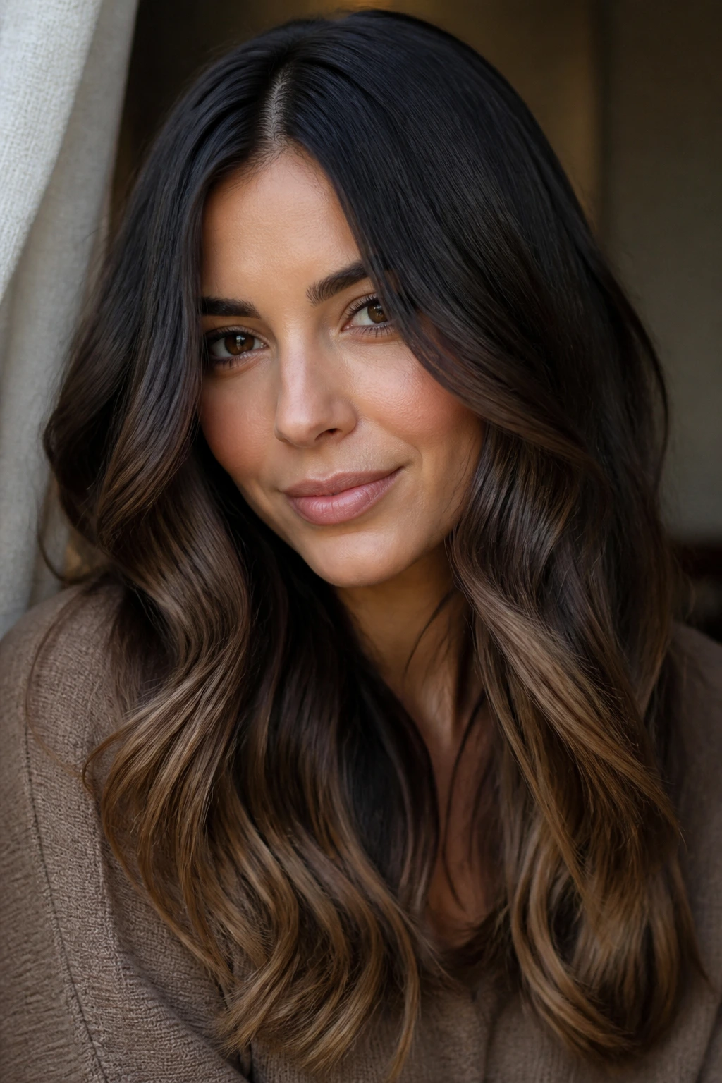 Close-up of espresso brown melt with caramel fade on a real person
