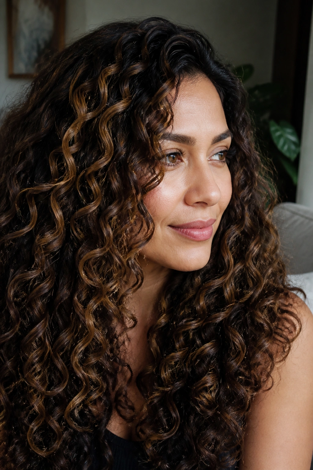 Close-up of real woman's hair with espresso brown and caramel ribbons in natural daylight