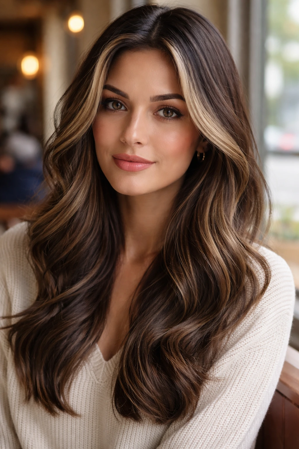 Portrait of a woman with espresso brown hair and cool champagne highlights.