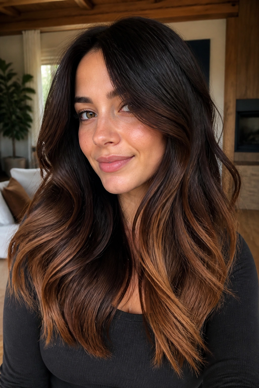 Portrait of espresso brown hair with cinnamon caramel ends