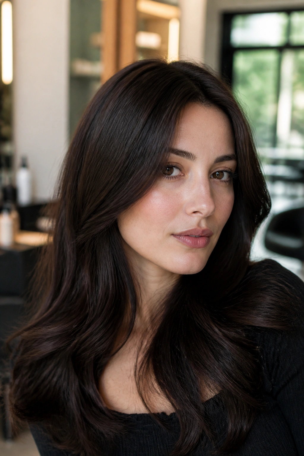 Close-up of a real person with cool espresso brown hair and blue undertones