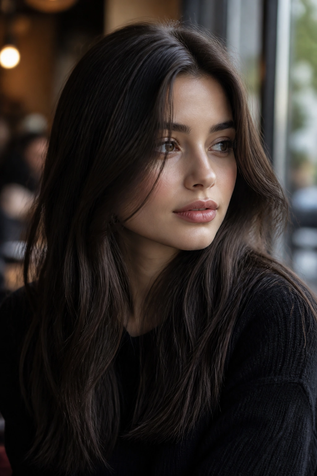 Close-up portrait of a woman with iced espresso brunette hair and graphite veil
