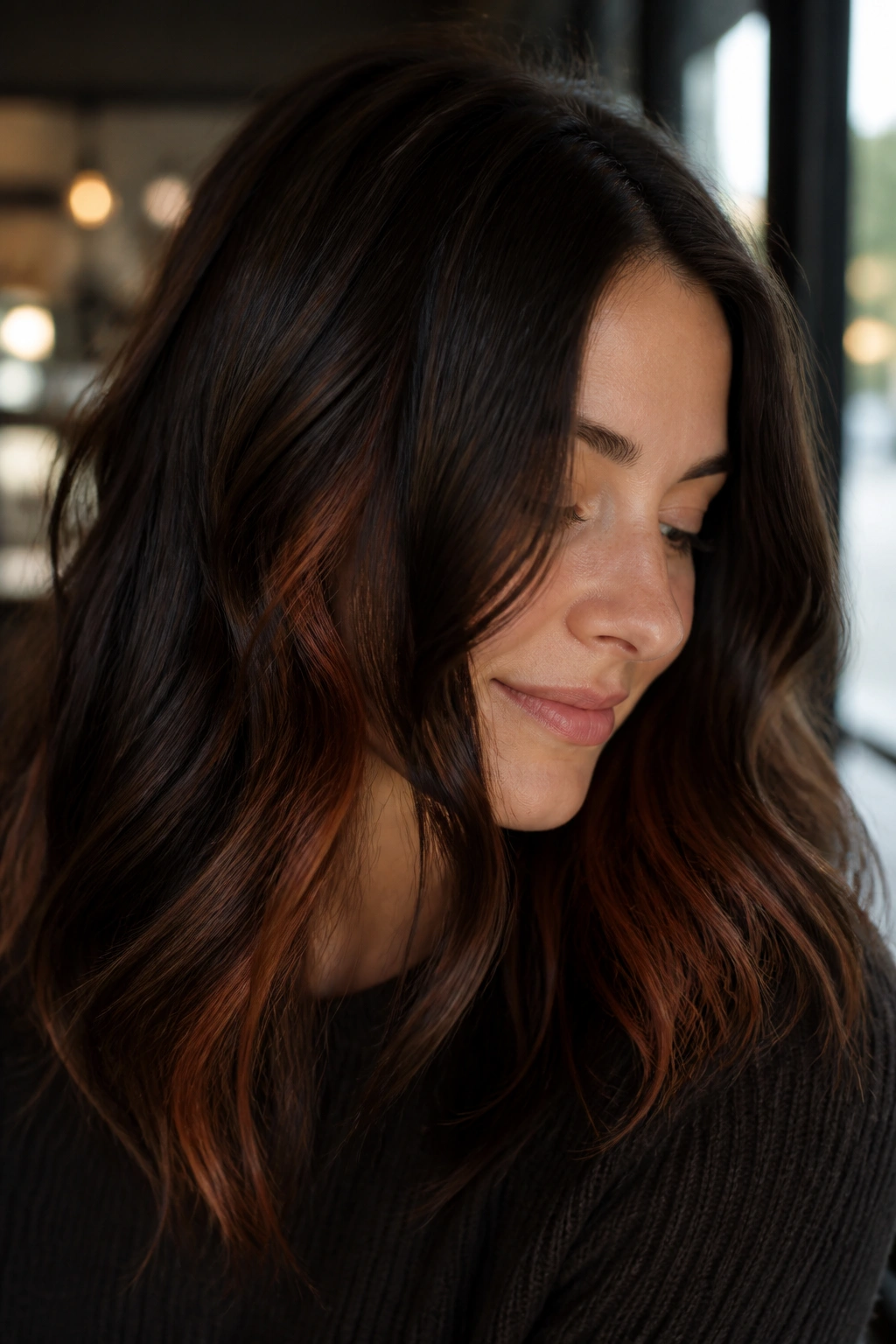 Close-up portrait of a real woman with Espresso Brown hair and copper peekaboo panels