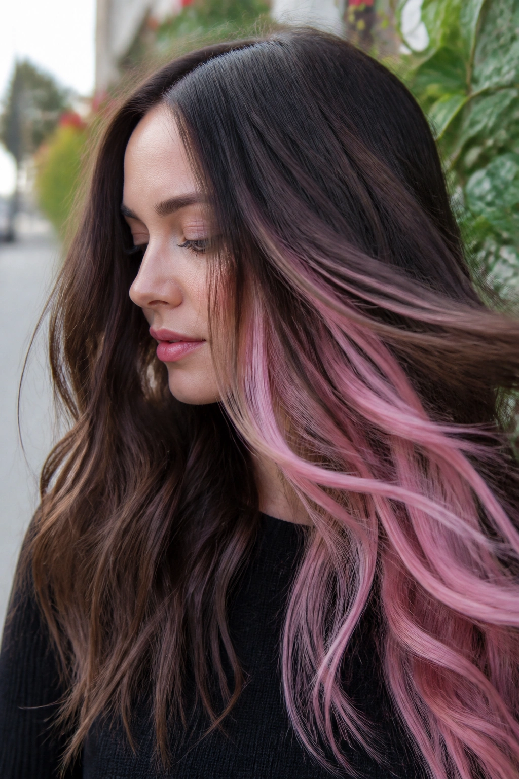 Close-up portrait of a real woman with espresso brown hair and pink peek-throughs