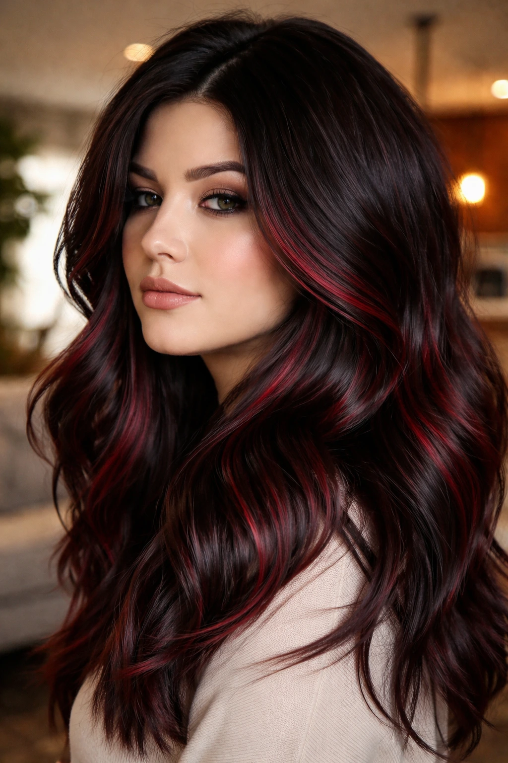 Close-up portrait of a real person with espresso brown hair and crimson streaks