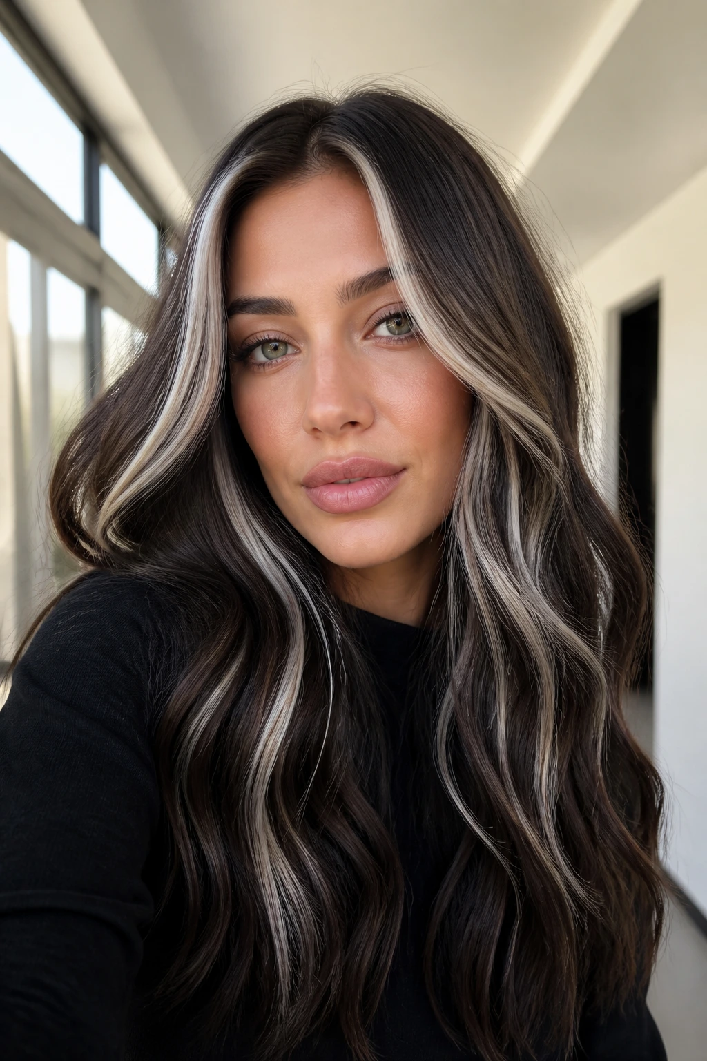 Espresso brown hair with frosted platinum streaks on a real person.