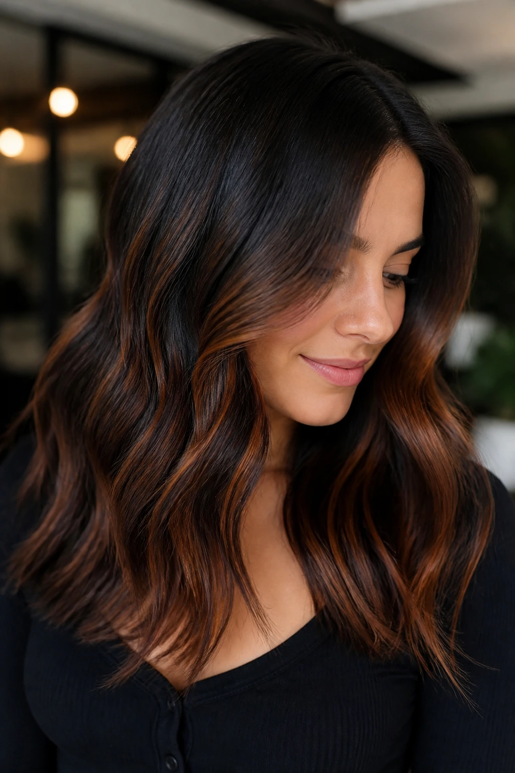 Close-up portrait of a real person showing espresso brown hair with ginger lowlights