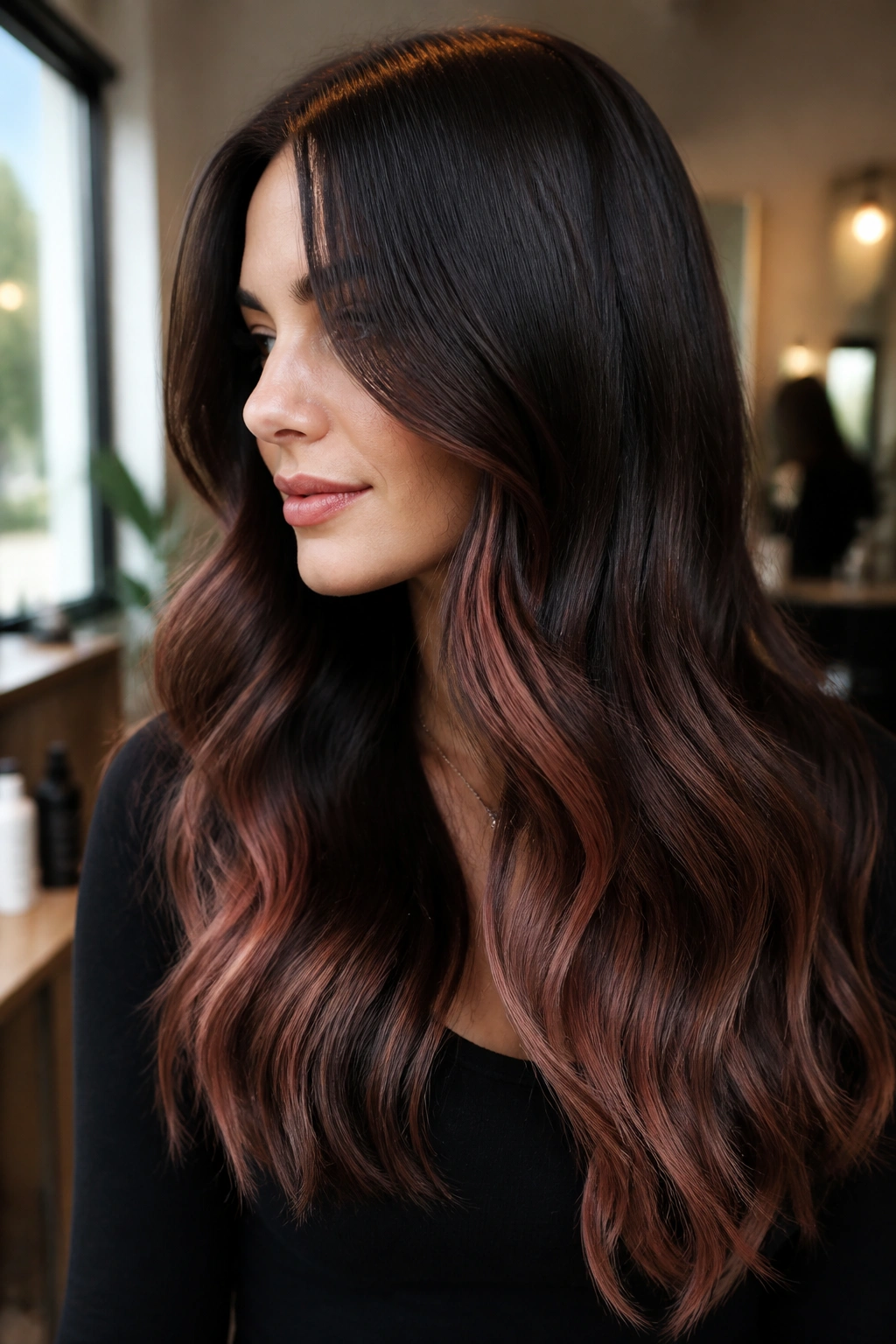 Close-up of a real person with espresso brown hair and a subtle strawberry glaze on the ends