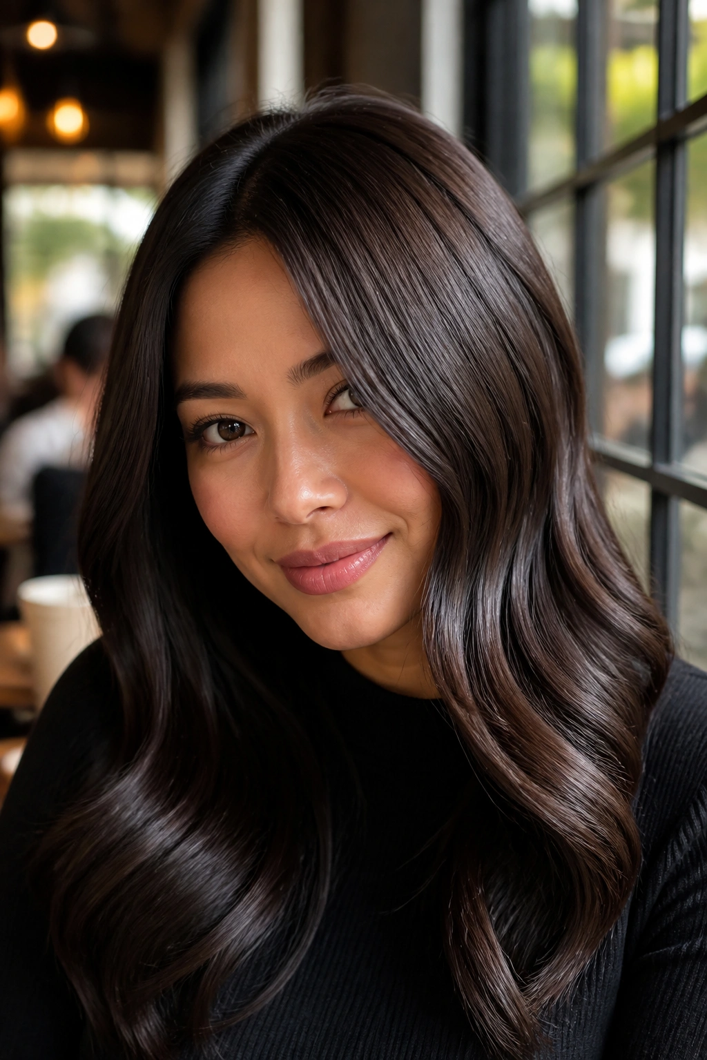 Portrait of a woman with espresso brown hair and mirror gloss.