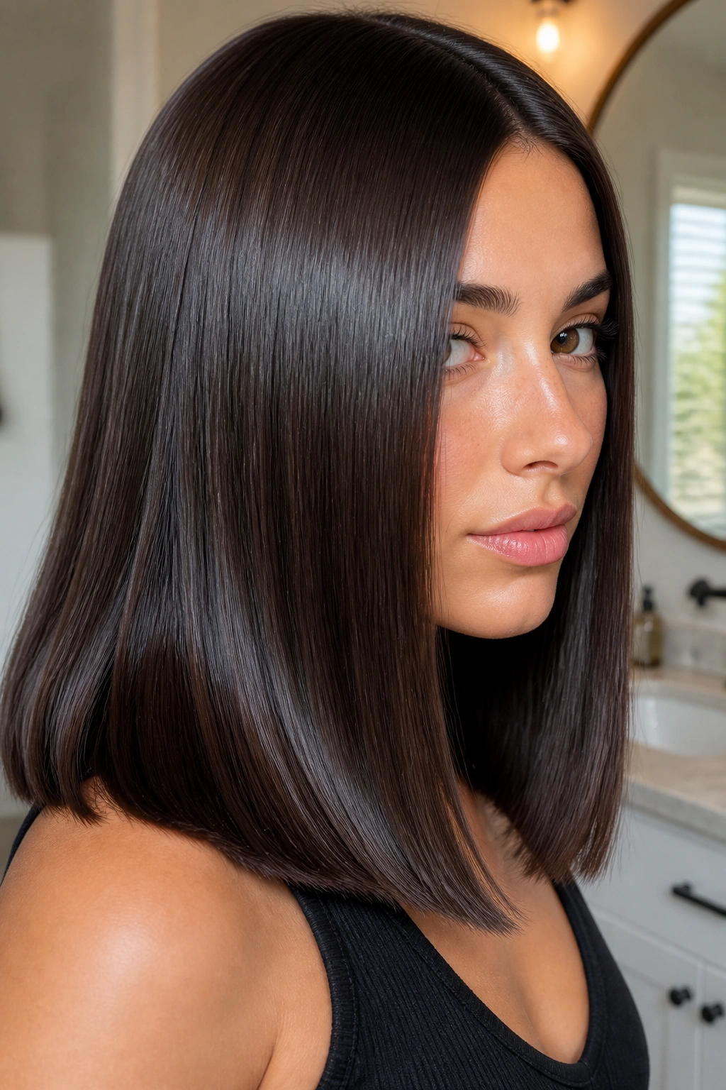 Close-up of a real person with glossy espresso brown, mirror-shine straight hair