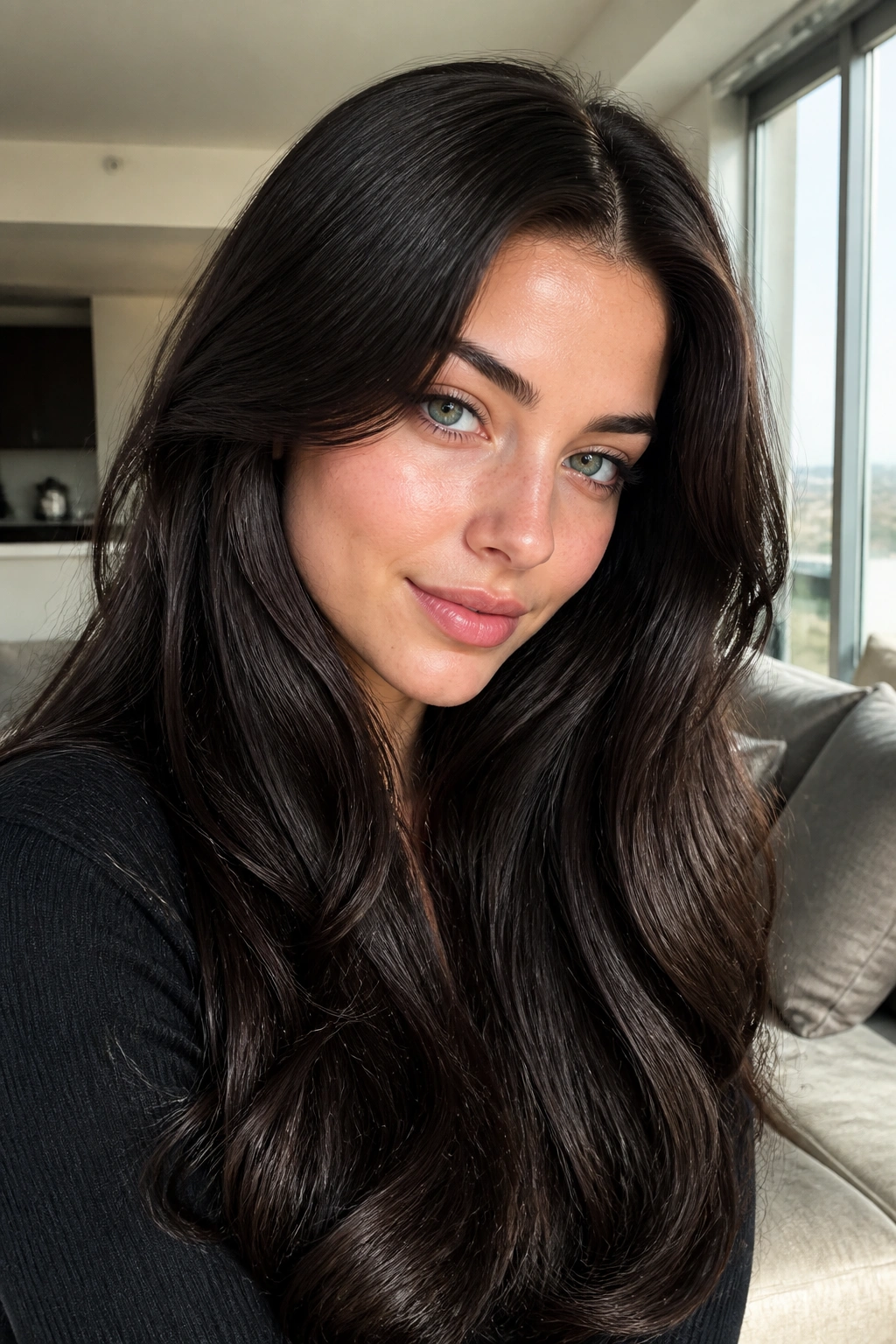 Close-up portrait of a woman with espresso brown hair and a glossy finish in a bright room