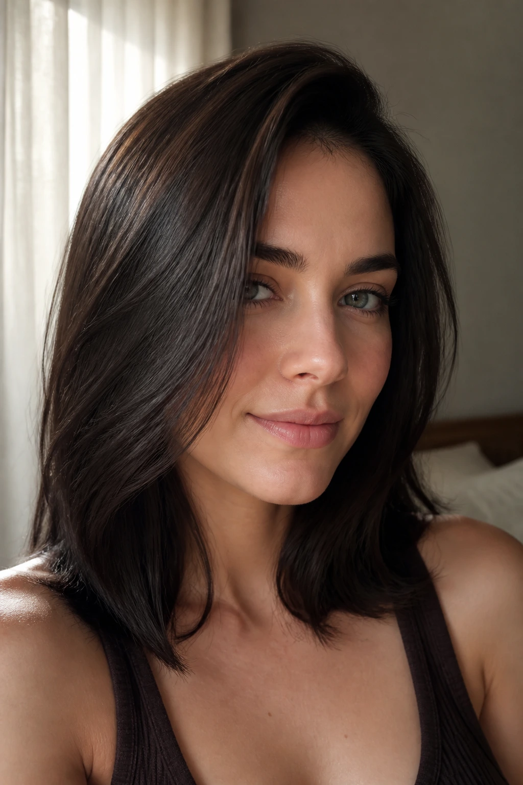 Close-up portrait of a real woman with glossy cool espresso brown hair in natural light.