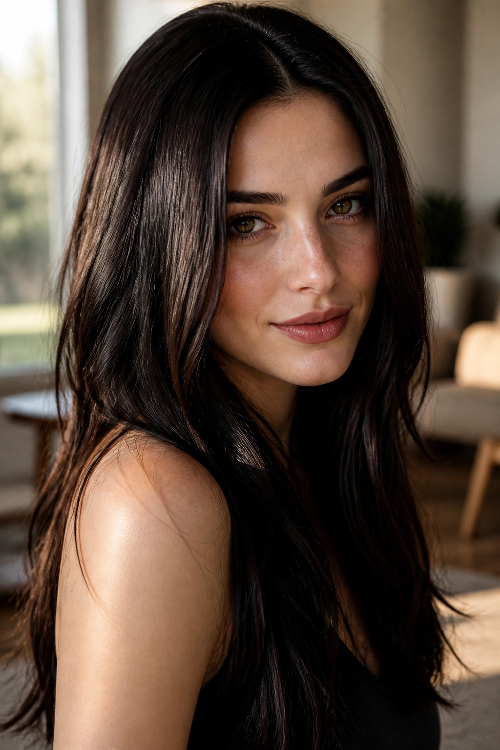 Close-up of a real woman with espresso brown hair and glossy shine