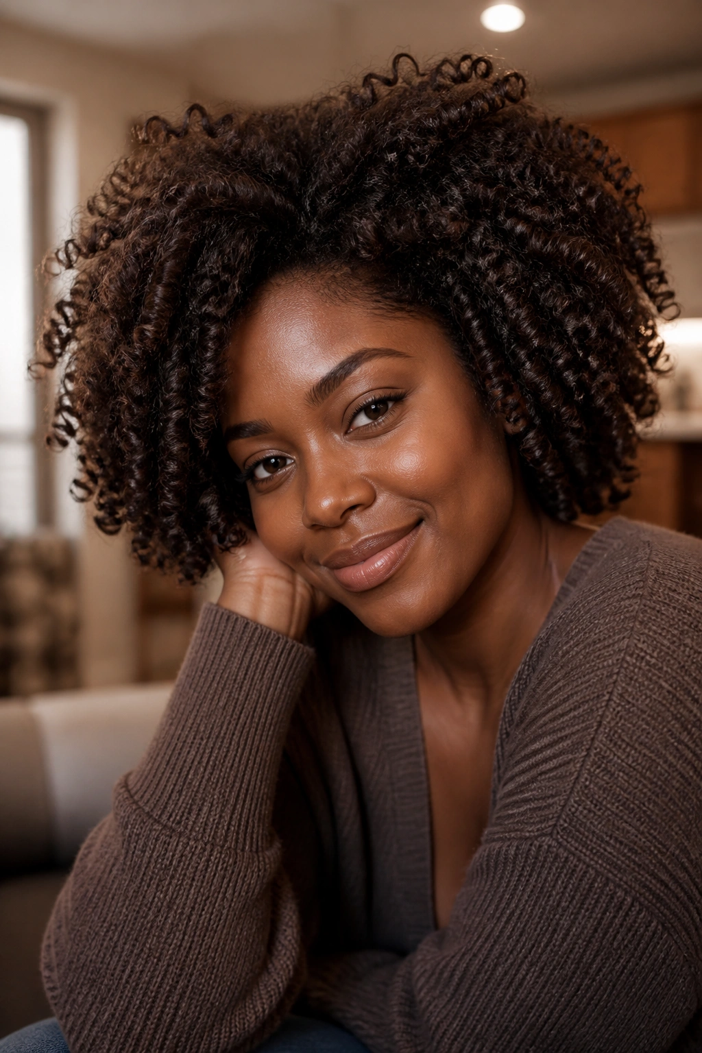 Close-up portrait of a real person with espresso brown hair color and shiny curls