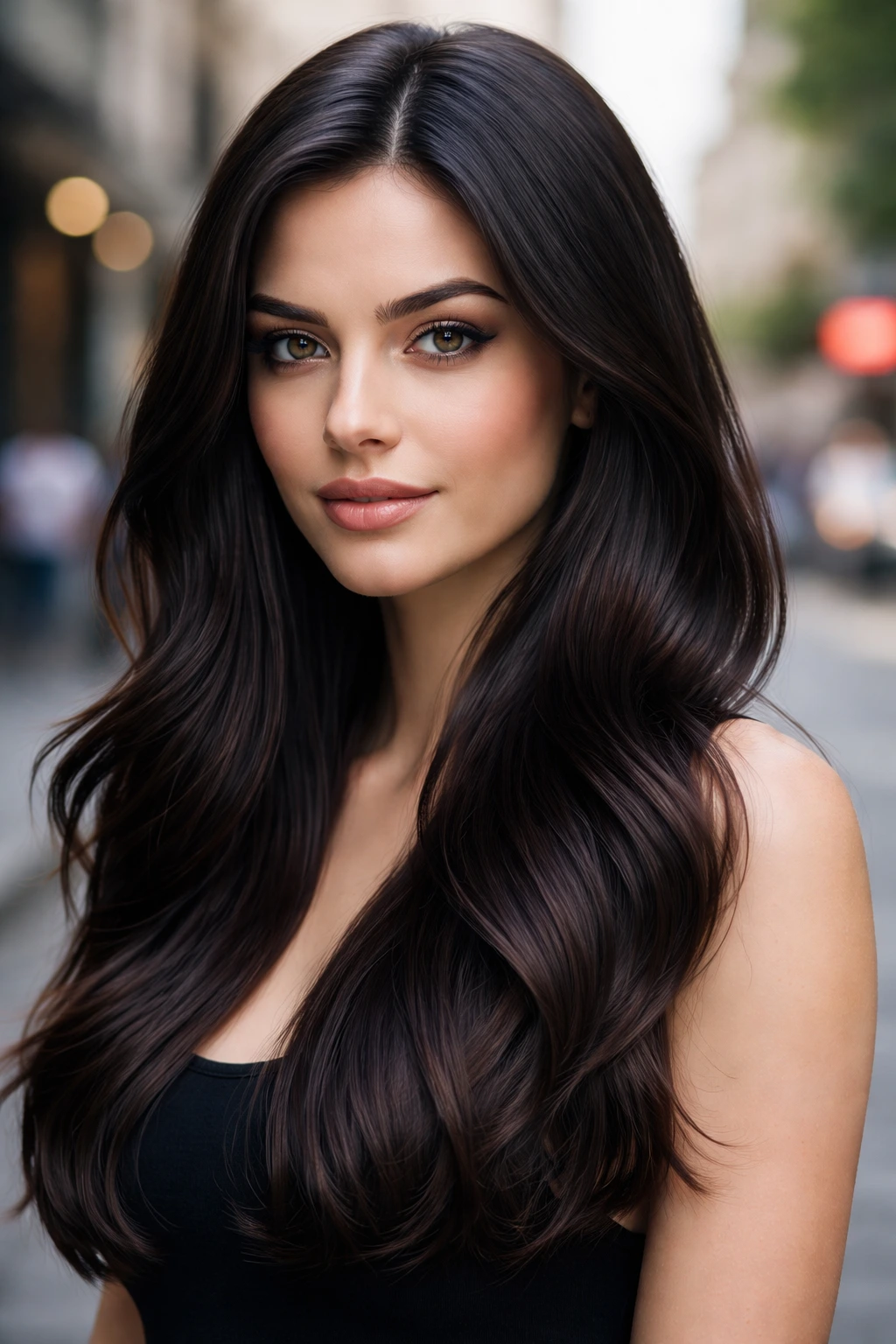Close-up portrait of a real person with espresso brown hair and high shine.