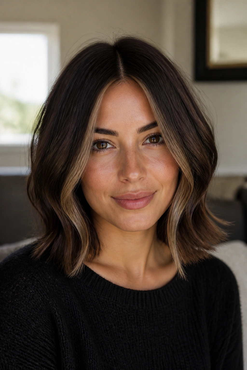 Close-up portrait of a real woman with espresso brown hair and two slim face-framing lights along the cheeks.