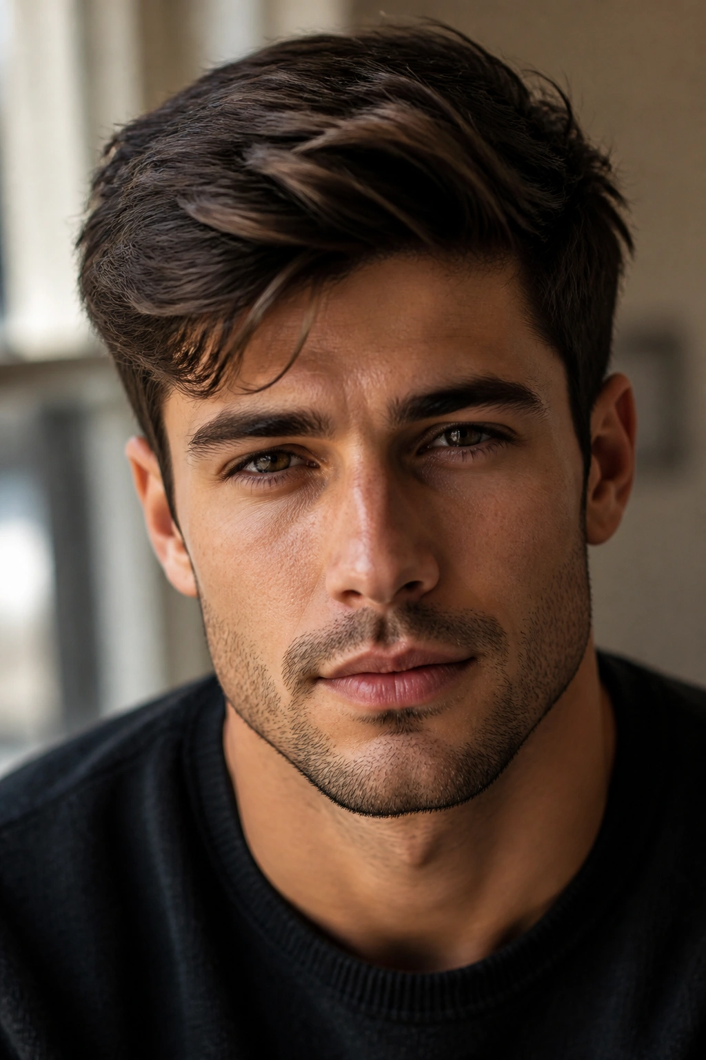 Portrait of a man with espresso brown hair indoors