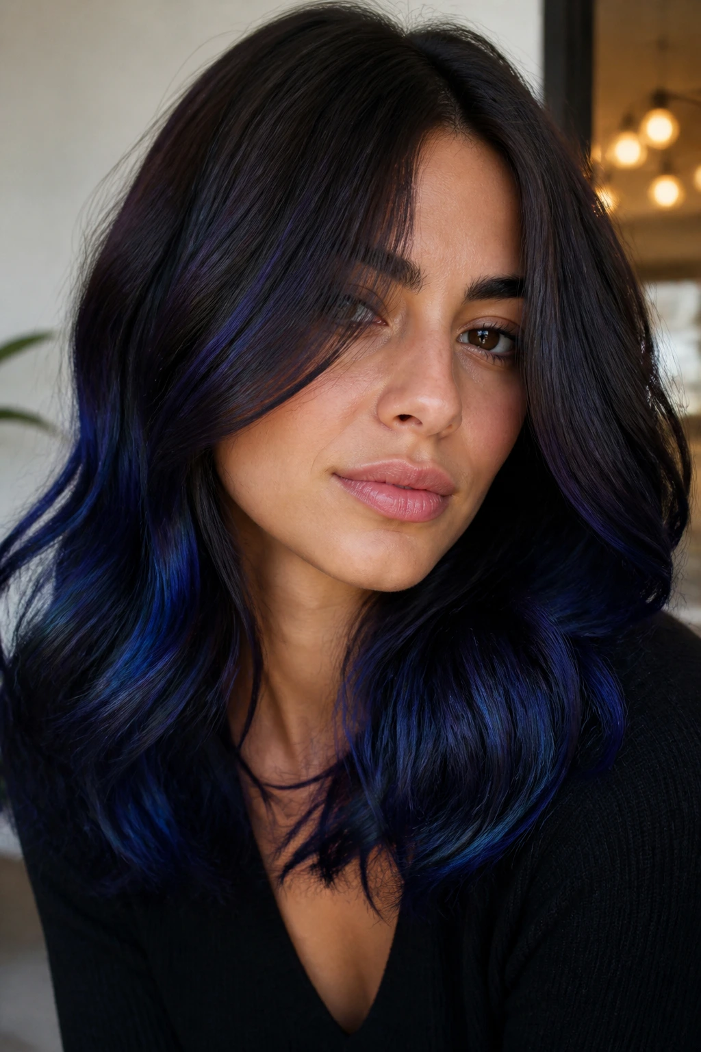 Close-up portrait showing espresso with sapphire shine hair.