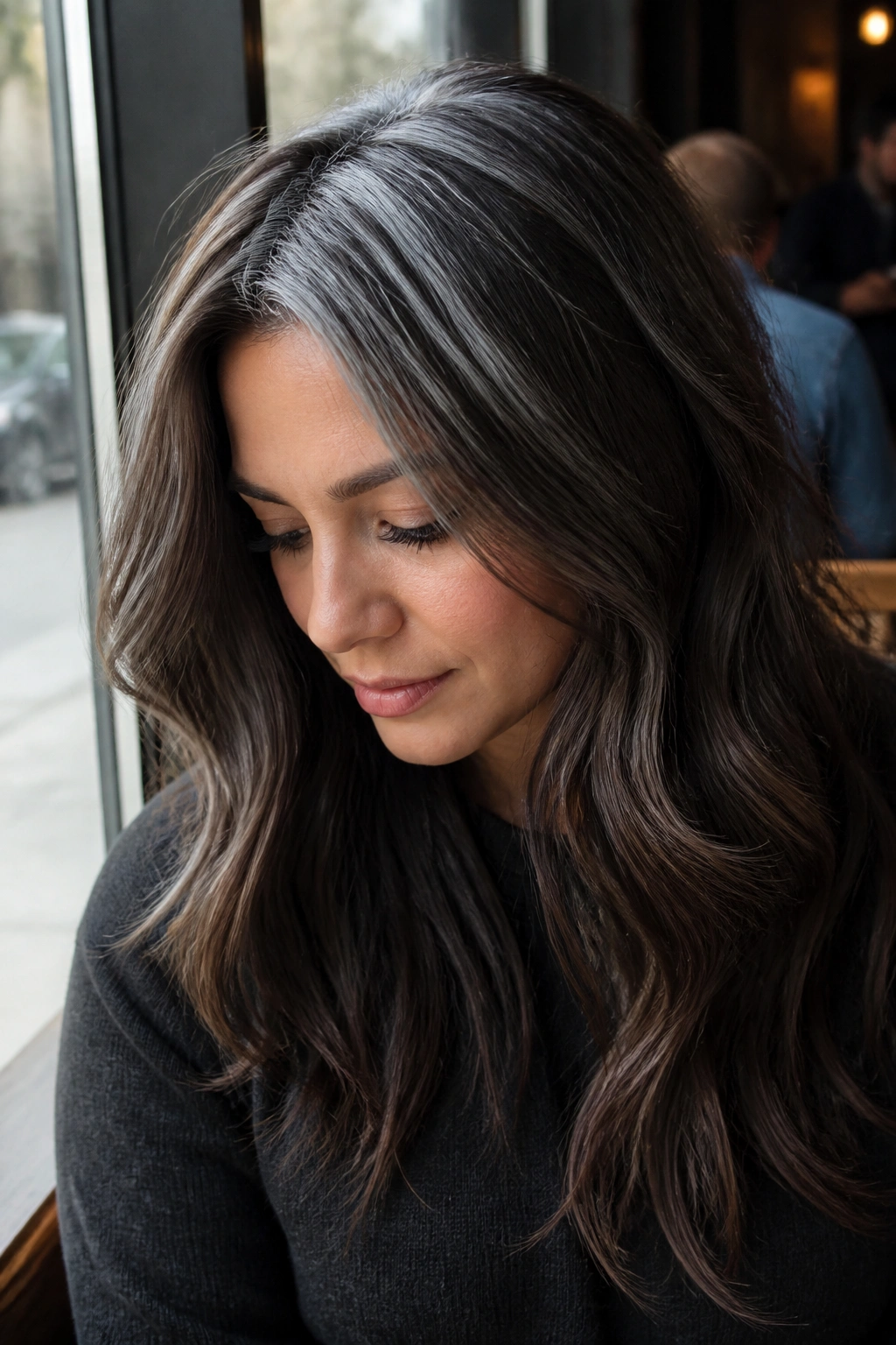 Close-up of espresso brown hair with an icy crown of silver at the top on a real person
