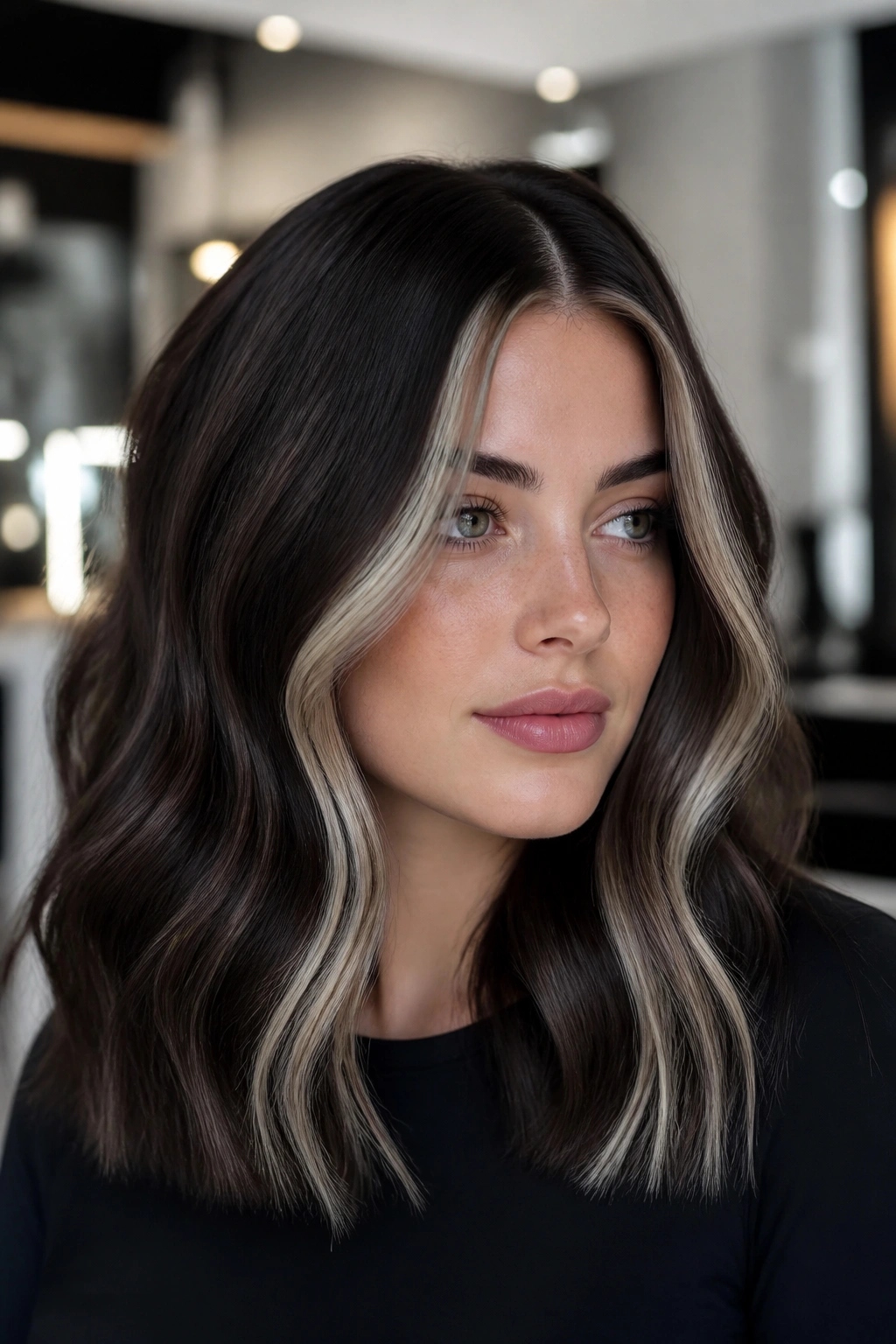 Close-up portrait of a woman with espresso brunette and icy money pieces.