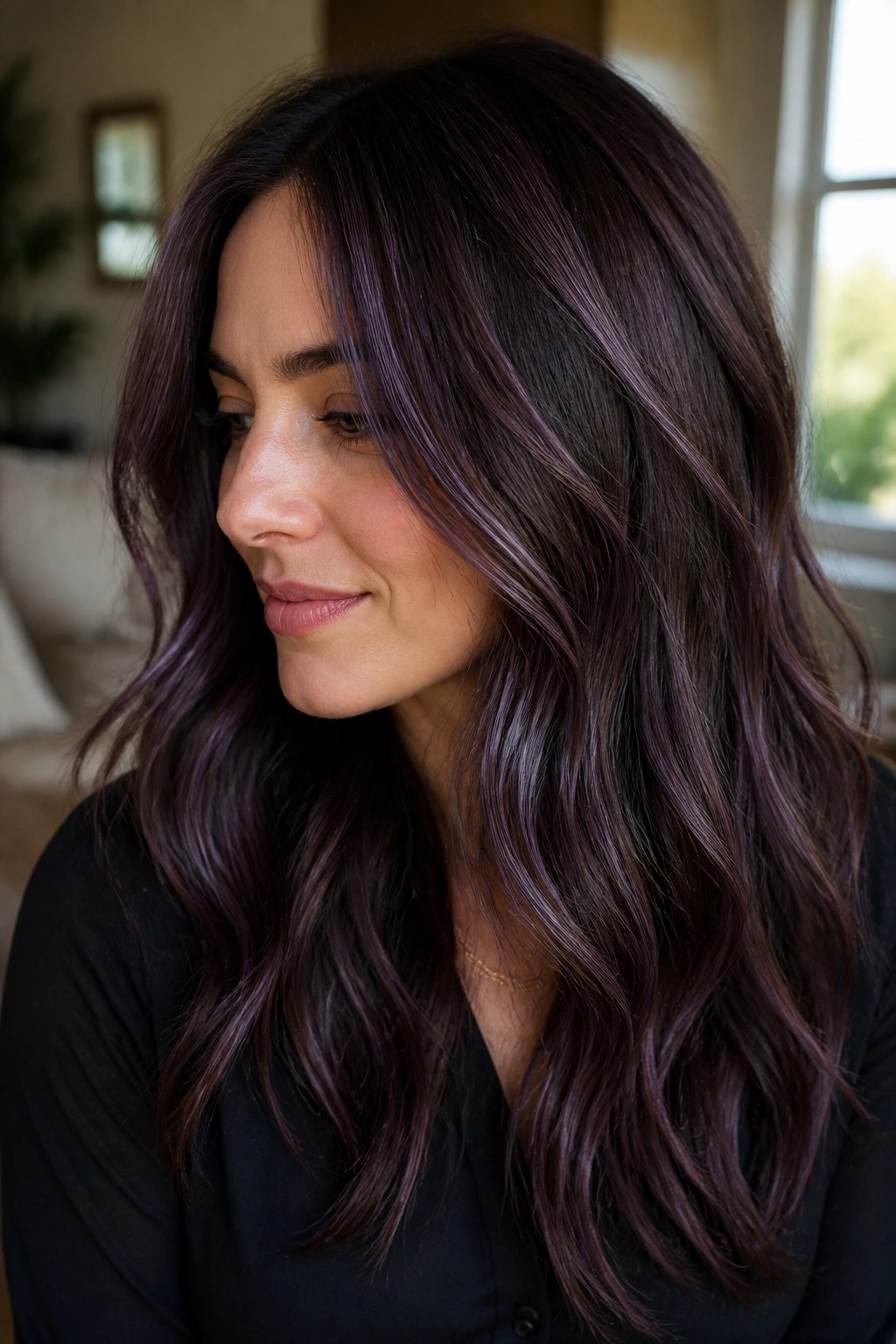 Close-up portrait of a real woman with espresso brown hair and subtle lilac babylights under warm window light