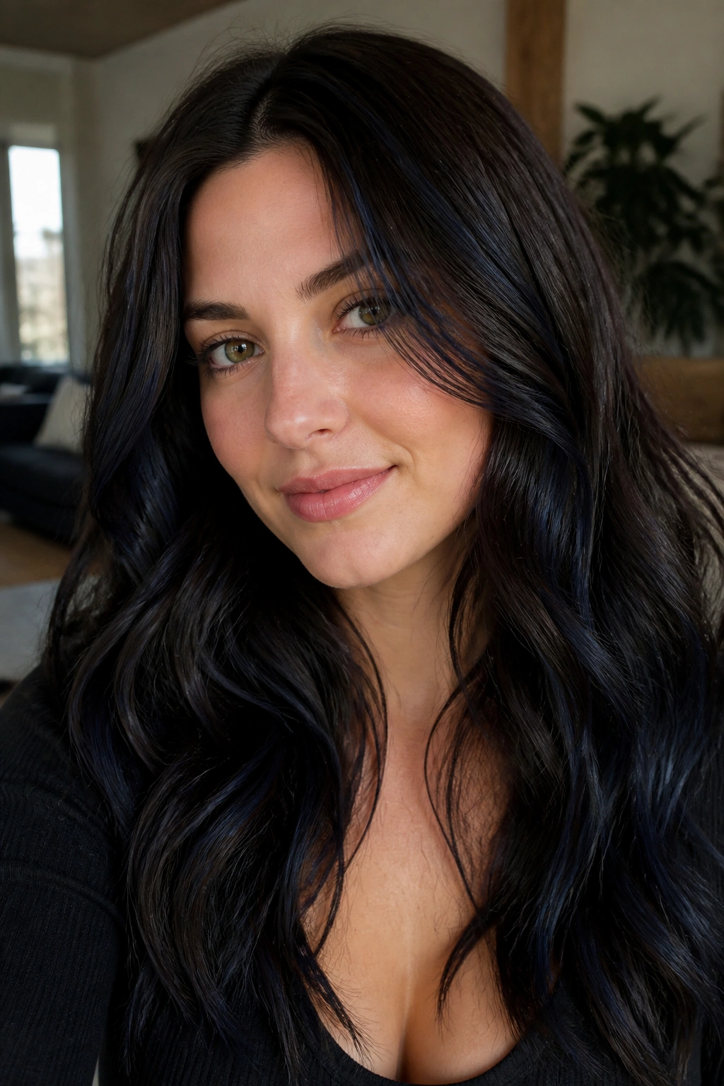 Close-up portrait of a real person with espresso brown hair and navy babylights for a subtle blue highlight.